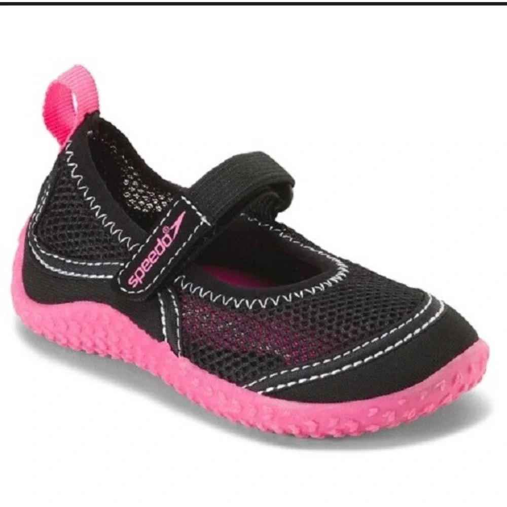 Speedo Kids Water Shoes Black Pink Mary Jane Aqua Socks Size M 7/8‎ Pool Beach